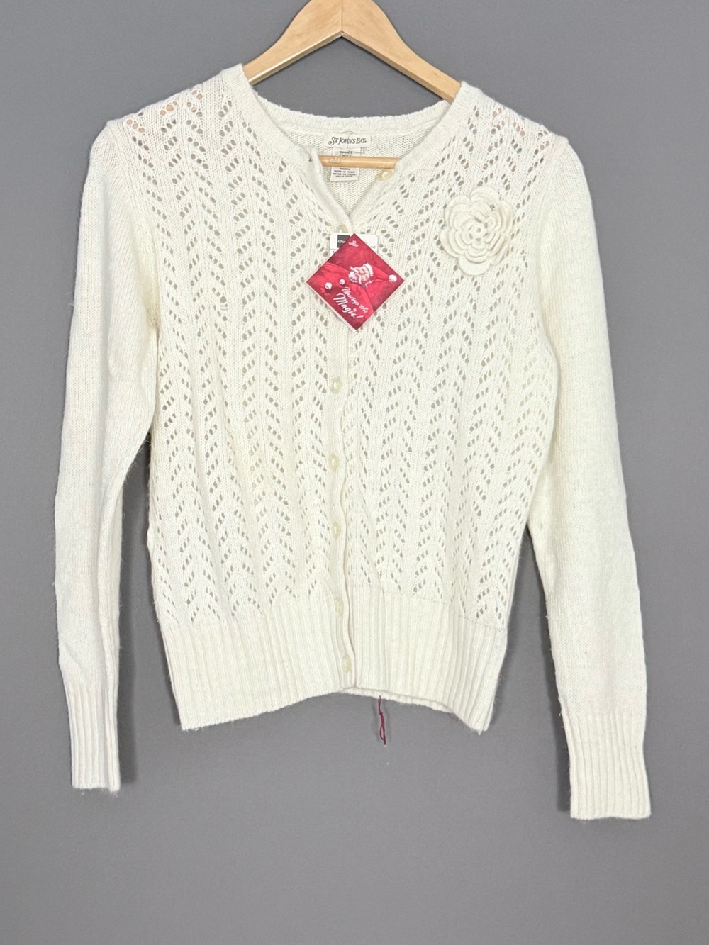 St. John’s Bay Angora Blend Pointelle Cardigan Women Ivory Small Coquette NEW